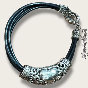 Bundle Sale 3 for $15 | Leather Strand Silver-Tone Bracelet | Heart Detail